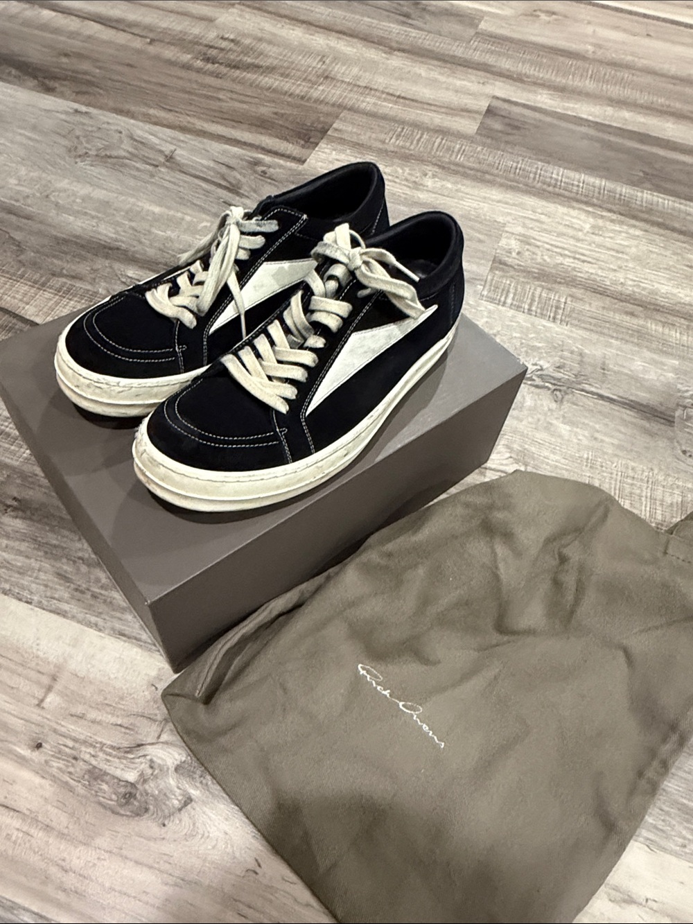 Rick Owens Black and Off-White Low-Top Sneakers